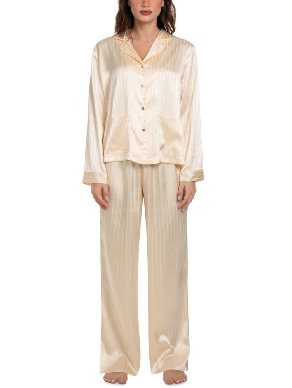 Linea Donatella Women's Satin Jacquard Striped Pajama Set - Soft Yellow